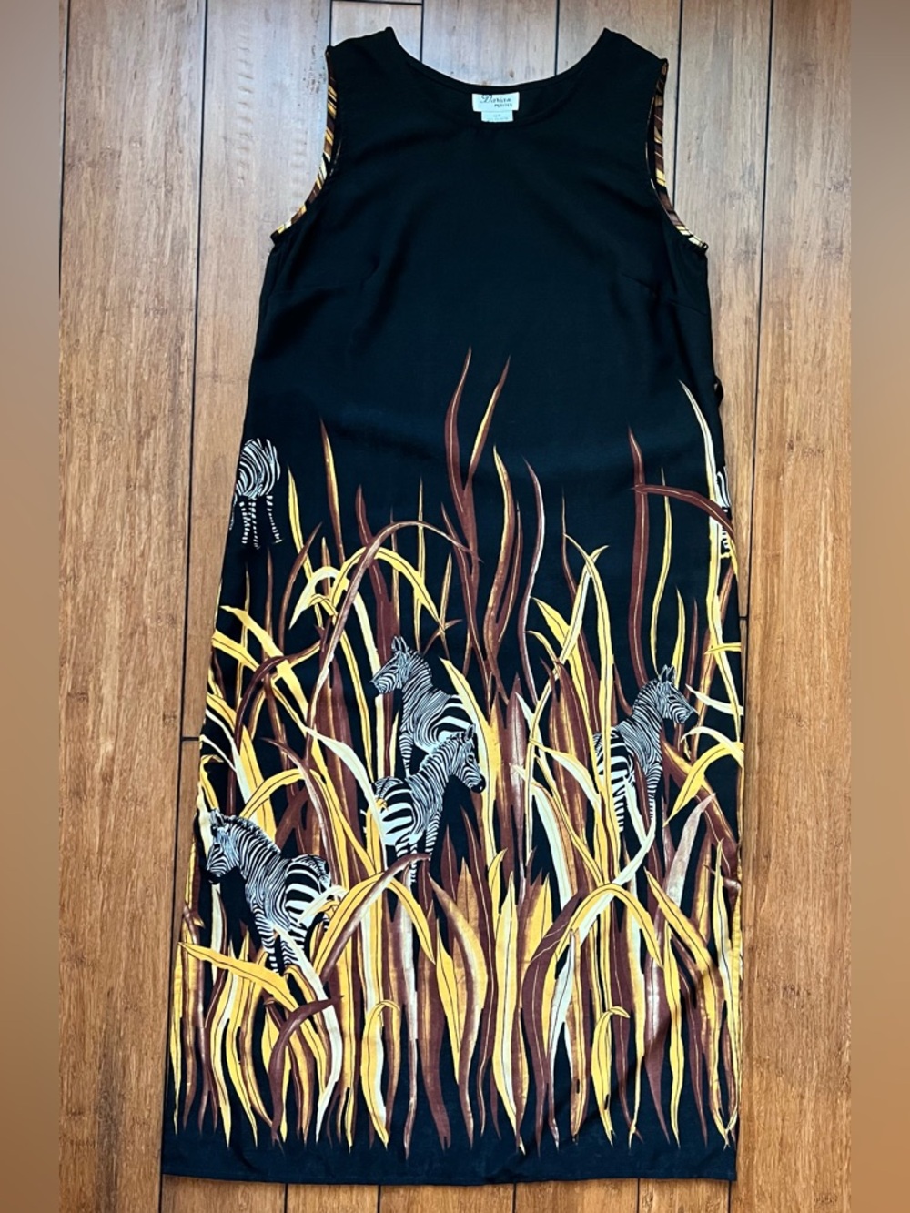 Darian Black Zebra Print Maxi Dress with Golden Grass Detail Size 12P